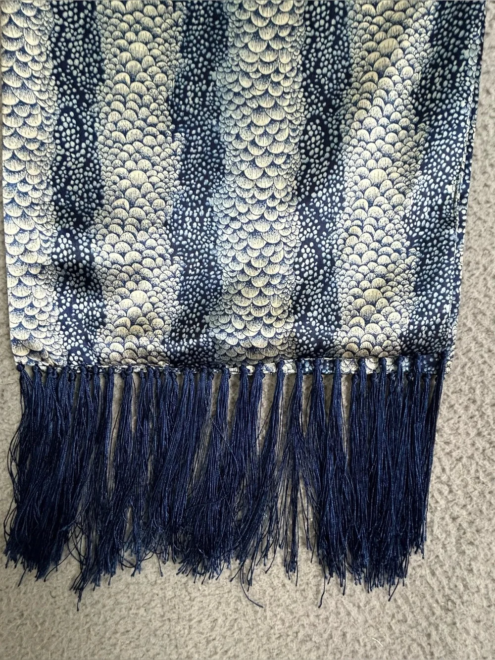 Women’s Navy Blue Faux Silk Fish Scale / Snake Print Scarf with Fringe